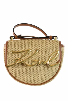 Bolso bandolera marrón claro con logo firma lettering dorado