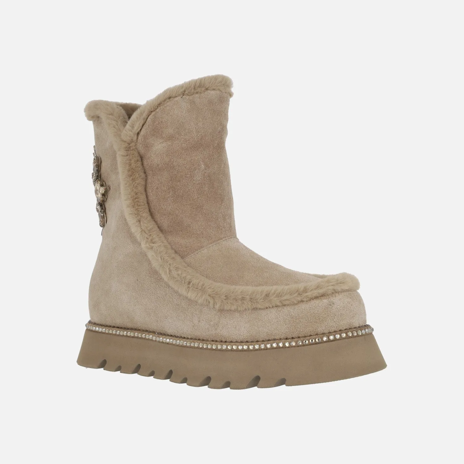 Botas joya en serraje beige con adorno de flor en pedrería