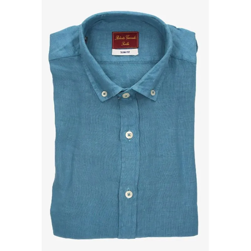 Camisa cuello lino azulón