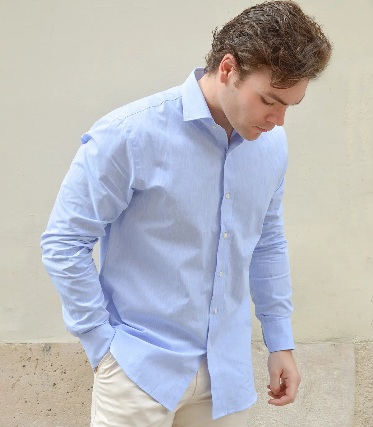 Camisa Lino Algodón Azul Liso