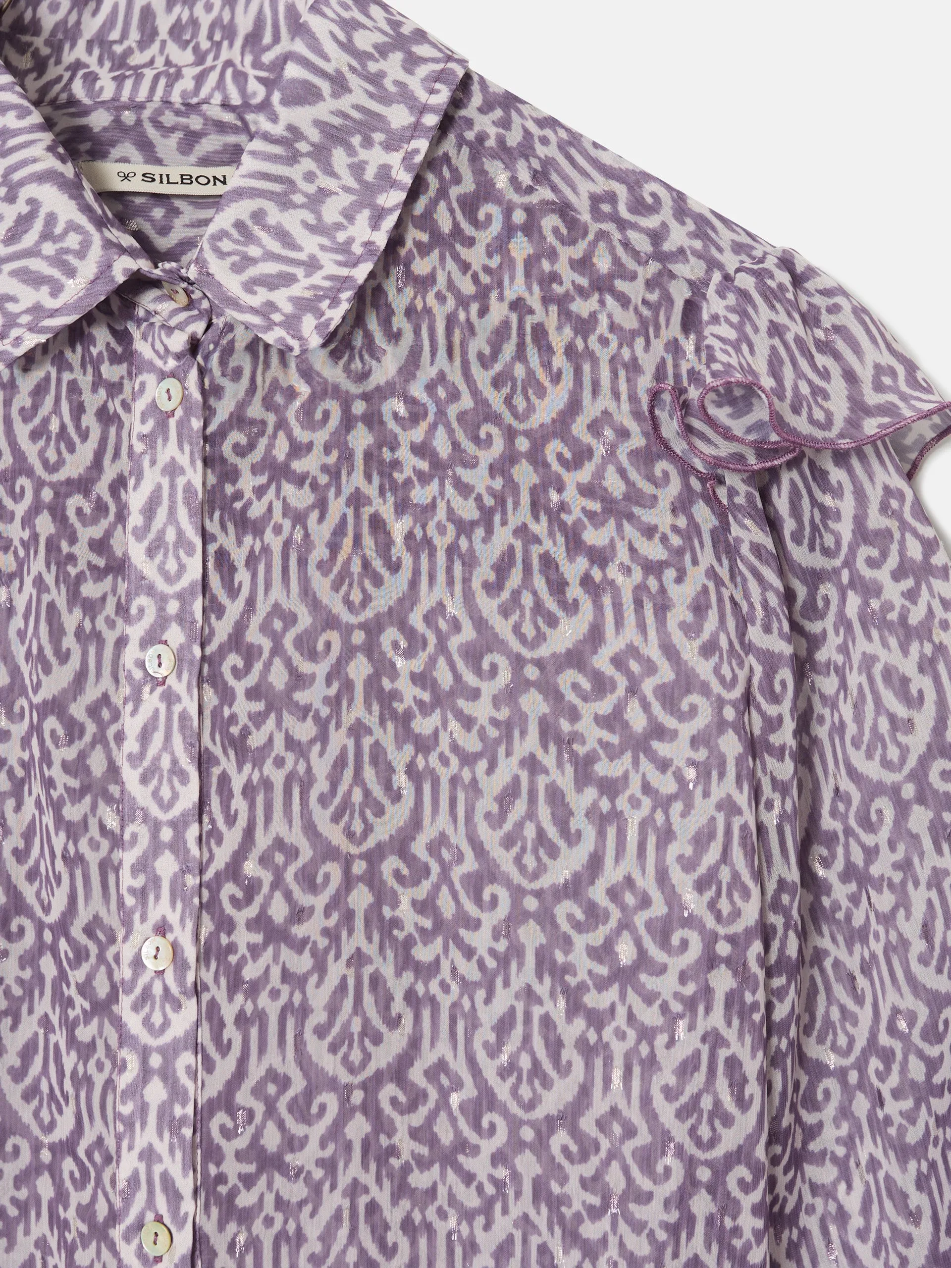 Camisa volante estampado ikat morado