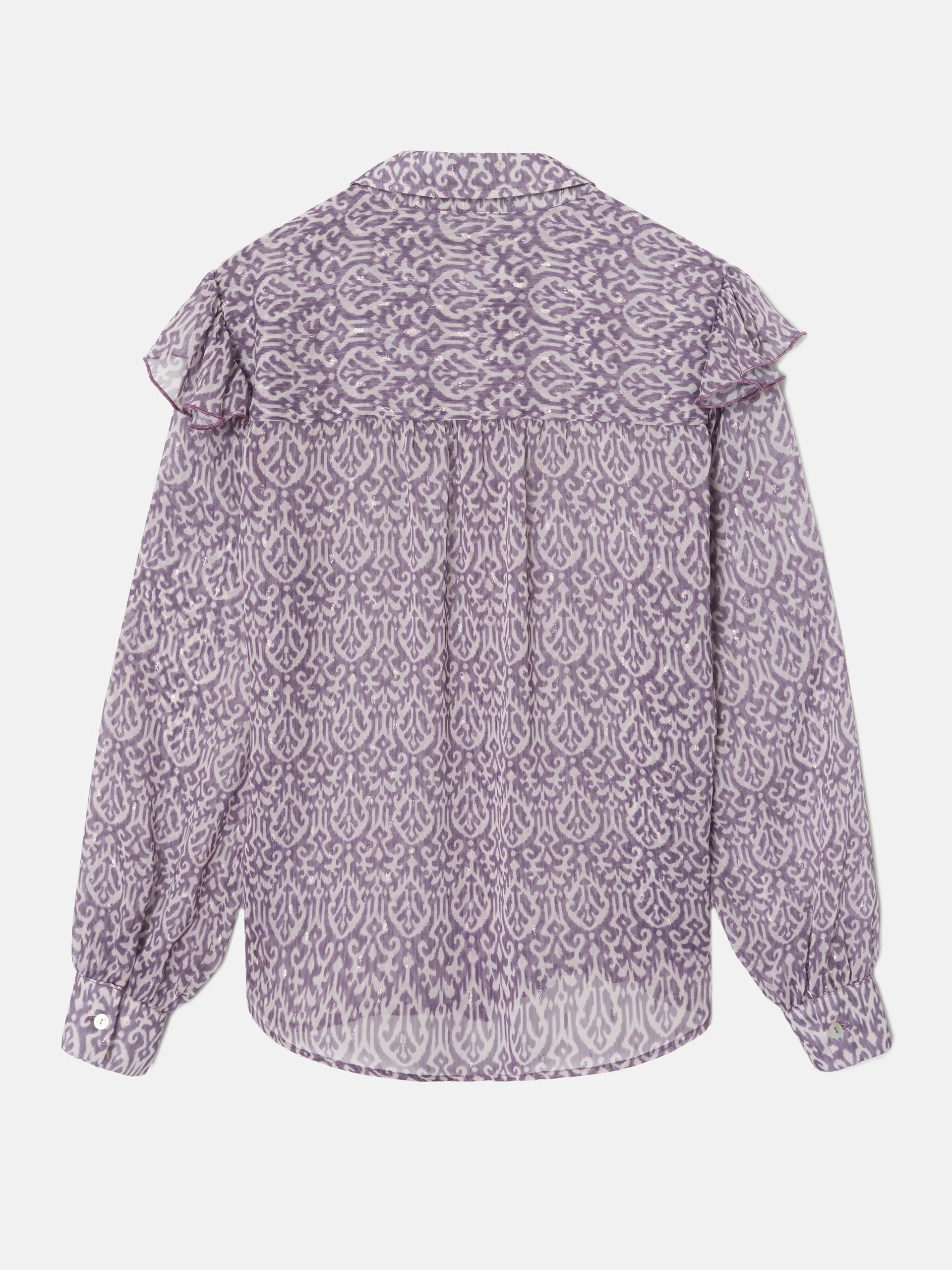 Camisa volante estampado ikat morado