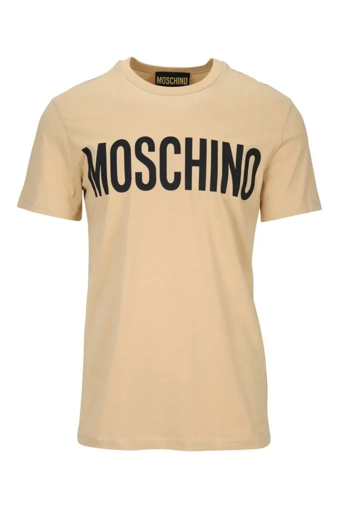 Camiseta beige de algodón orgánico con maxilogo negro clásico