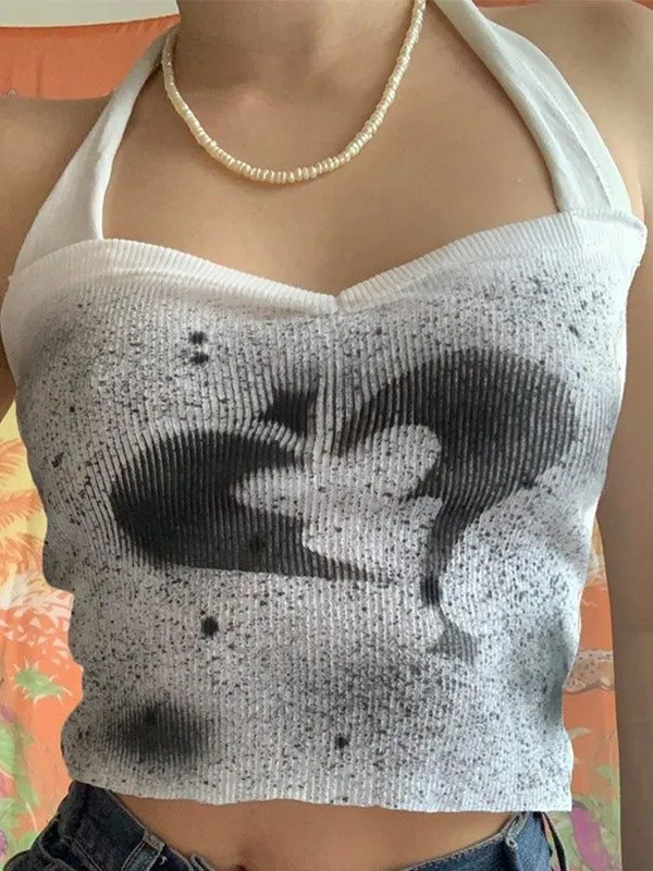 Camiseta sin mangas corta con cuello halter acanalado y corazón teñido anudado