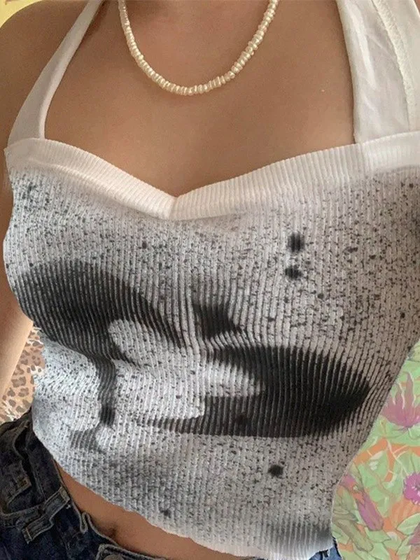 Camiseta sin mangas corta con cuello halter acanalado y corazón teñido anudado