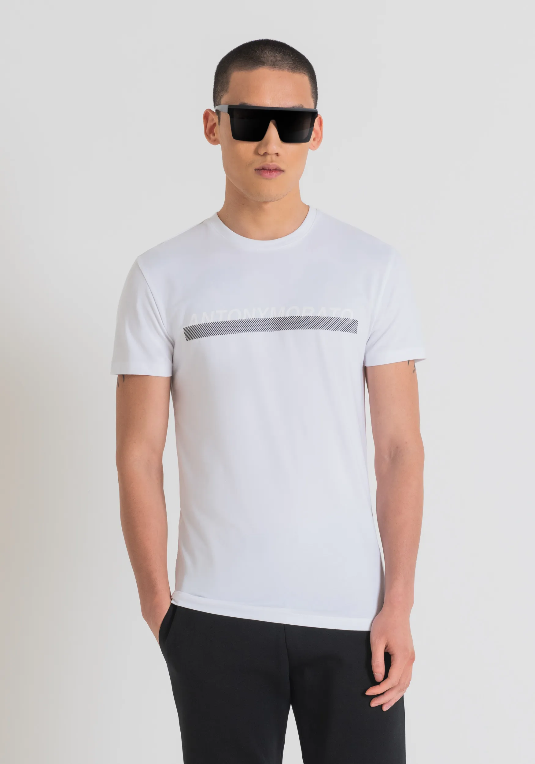 CAMISETA SUPER SLIM FIT DE ALGODÓN ELÁSTICO CON LOGOTIPO ESTAMPADO DE GOMA