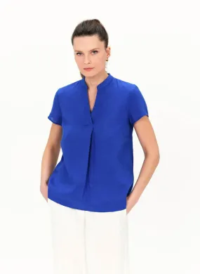 CAROLL KATB - Top de lino con cuello de pico en azul