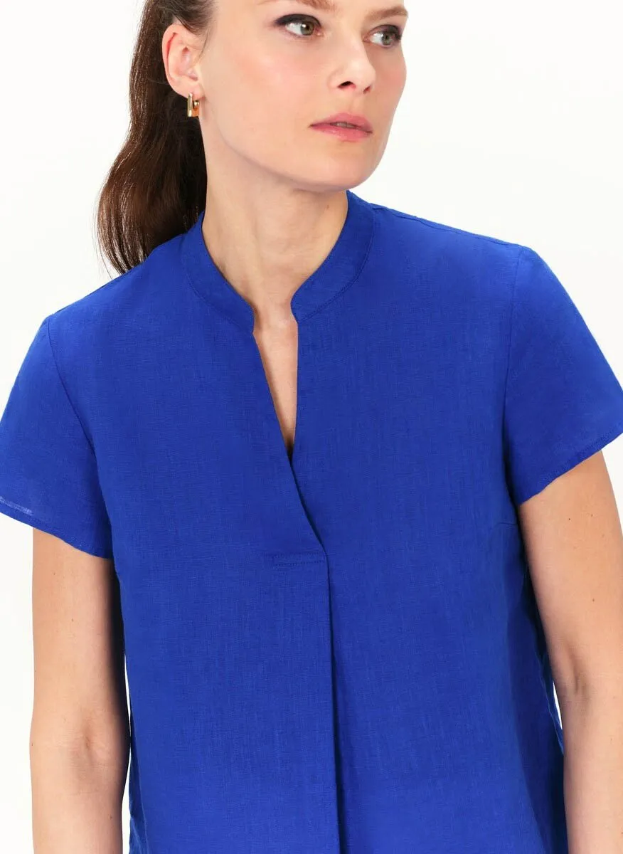 CAROLL KATB - Top de lino con cuello de pico en azul