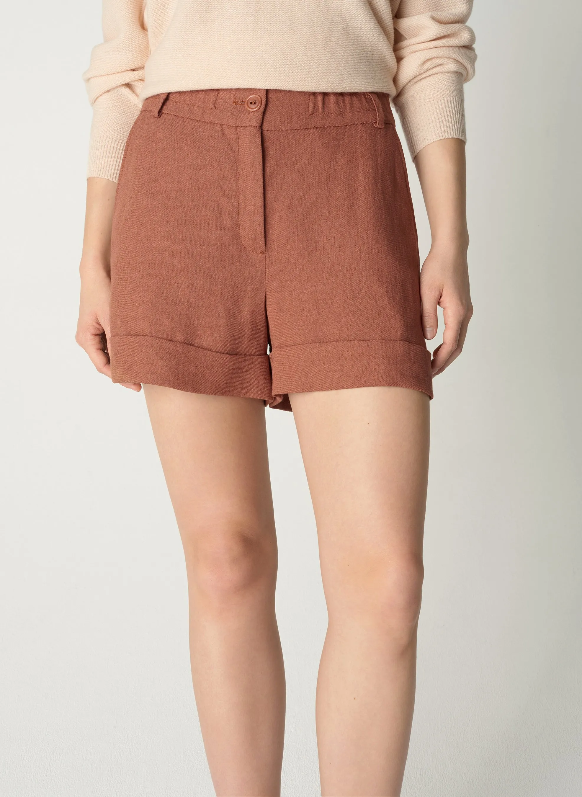 COTELAC Short recto de mezcla de lino en marron