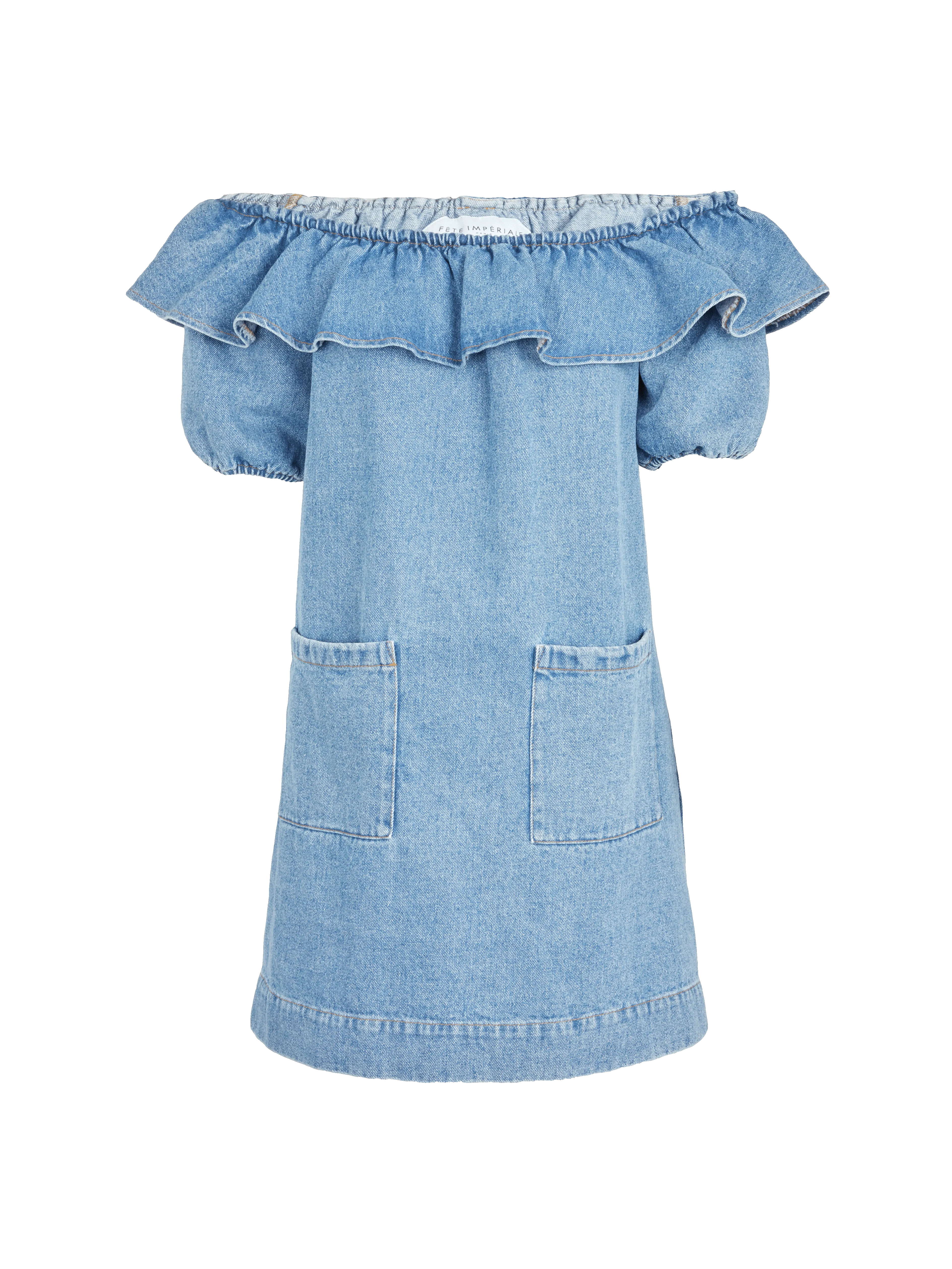 DALIA - Vestido corto con cuello bardot de denim de algodón en azul