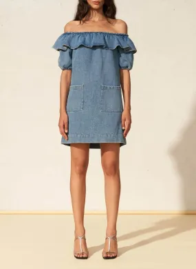 DALIA - Vestido corto con cuello bardot de denim de algodón en azul