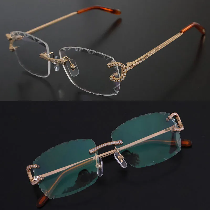 Diseñador Moissanite Diamond Set Firles Eyewear Women Mens C Decoración óptica Gafas sin borde Mensaje Metal con diamantes anteo