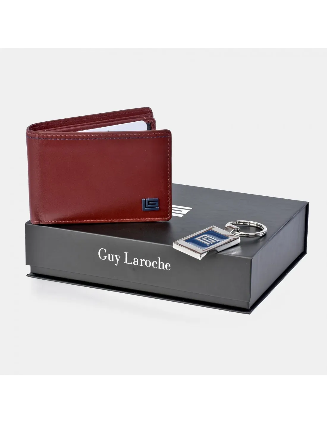 GUY LAROCHE Cartera en piel burdeos y llavero metálico para hombre más estuche regalo