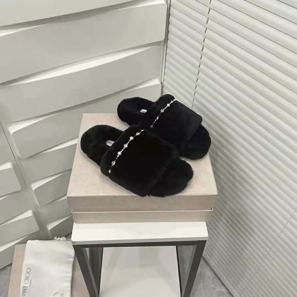 Jimmy Choo Mujer Acinda Slipper Pantuflas de piel de oveja negras con detalles de cristales y perlas