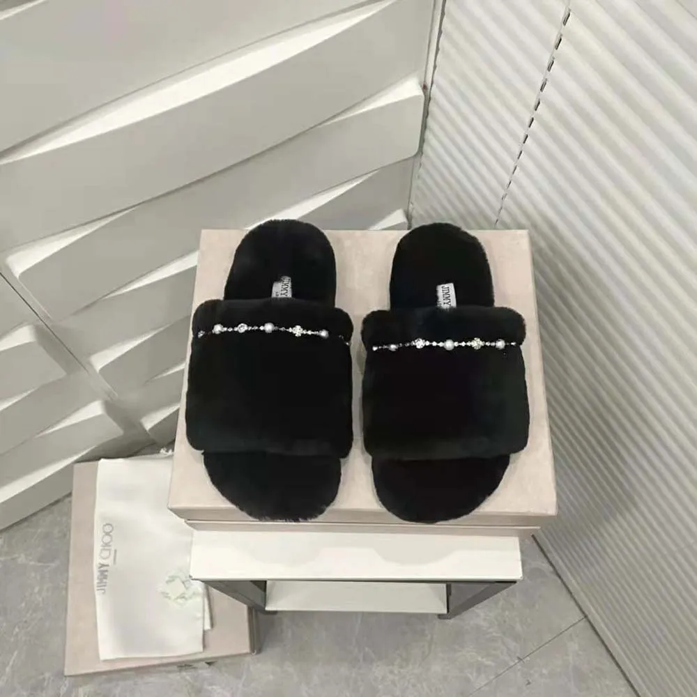 Jimmy Choo Mujer Acinda Slipper Pantuflas de piel de oveja negras con detalles de cristales y perlas