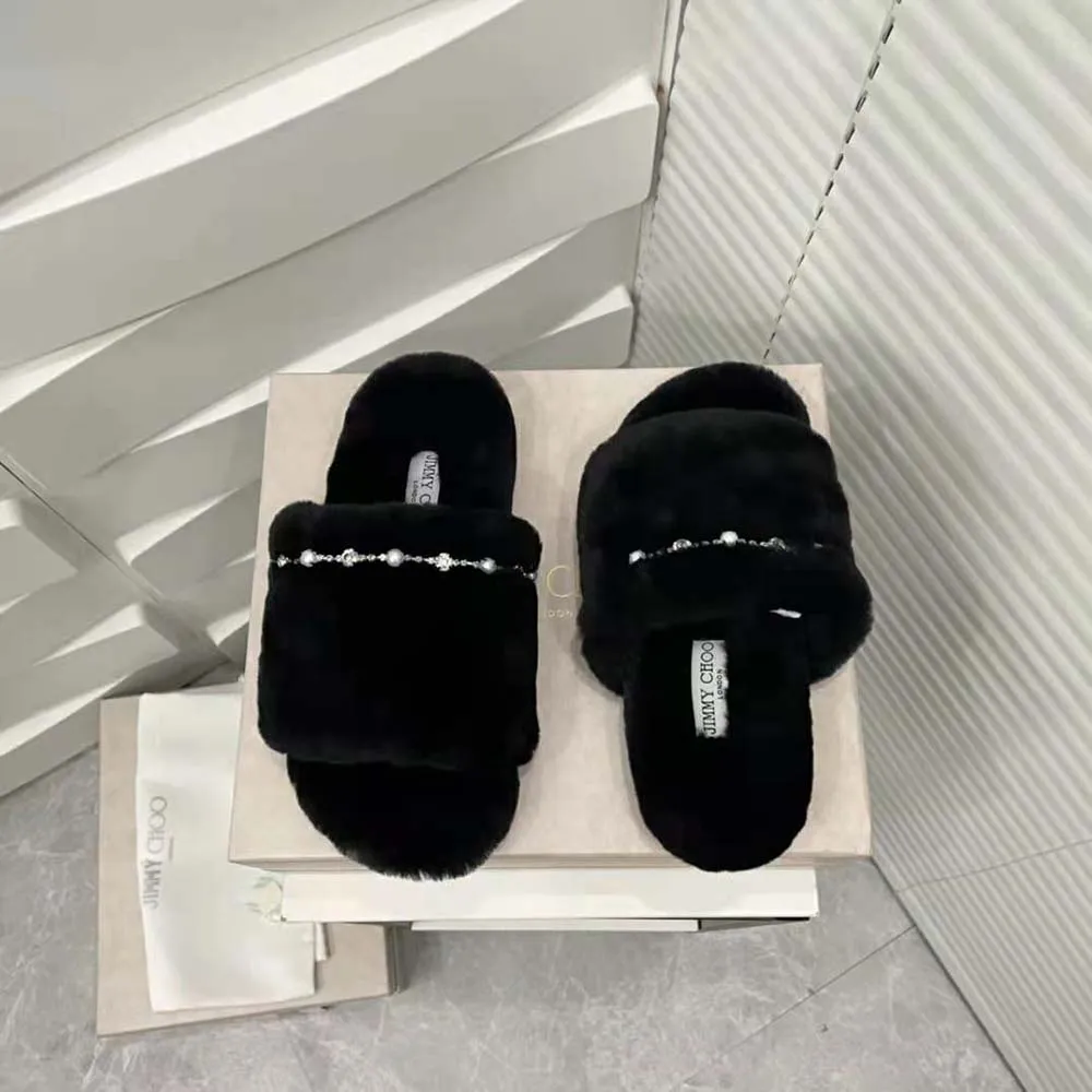 Jimmy Choo Mujer Acinda Slipper Pantuflas de piel de oveja negras con detalles de cristales y perlas