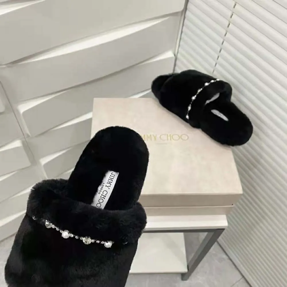 Jimmy Choo Mujer Acinda Slipper Pantuflas de piel de oveja negras con detalles de cristales y perlas