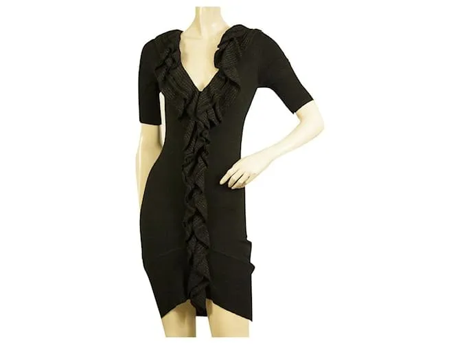 Karen Millen Vestido de punto de lana de manga corta con volantes en la parte delantera negra Sz 1 Negro 