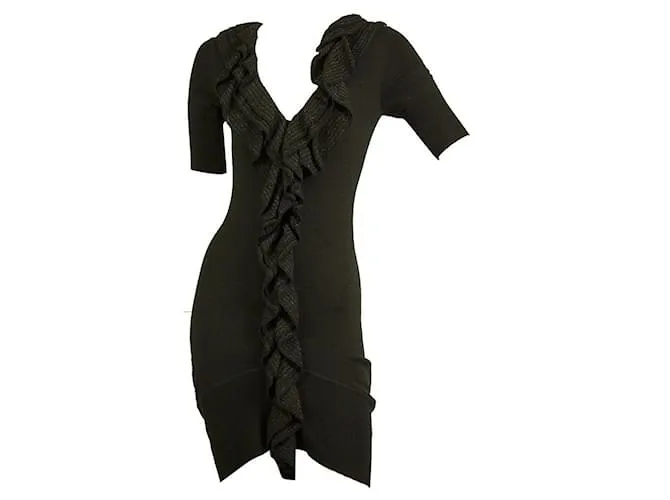 Karen Millen Vestido de punto de lana de manga corta con volantes en la parte delantera negra Sz 1 Negro 