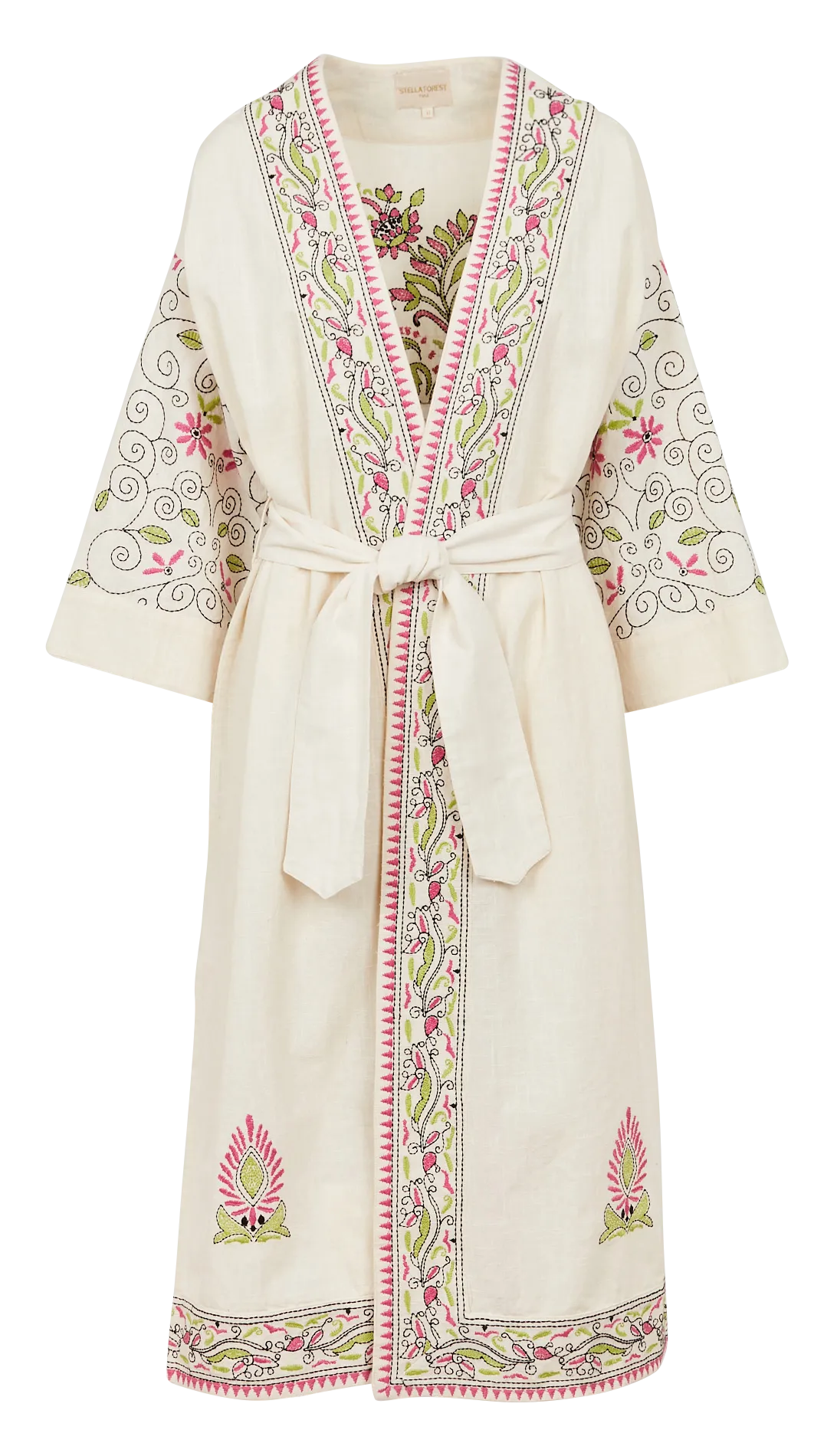 MAEVA - Kimono largo bordado de algodón en beige