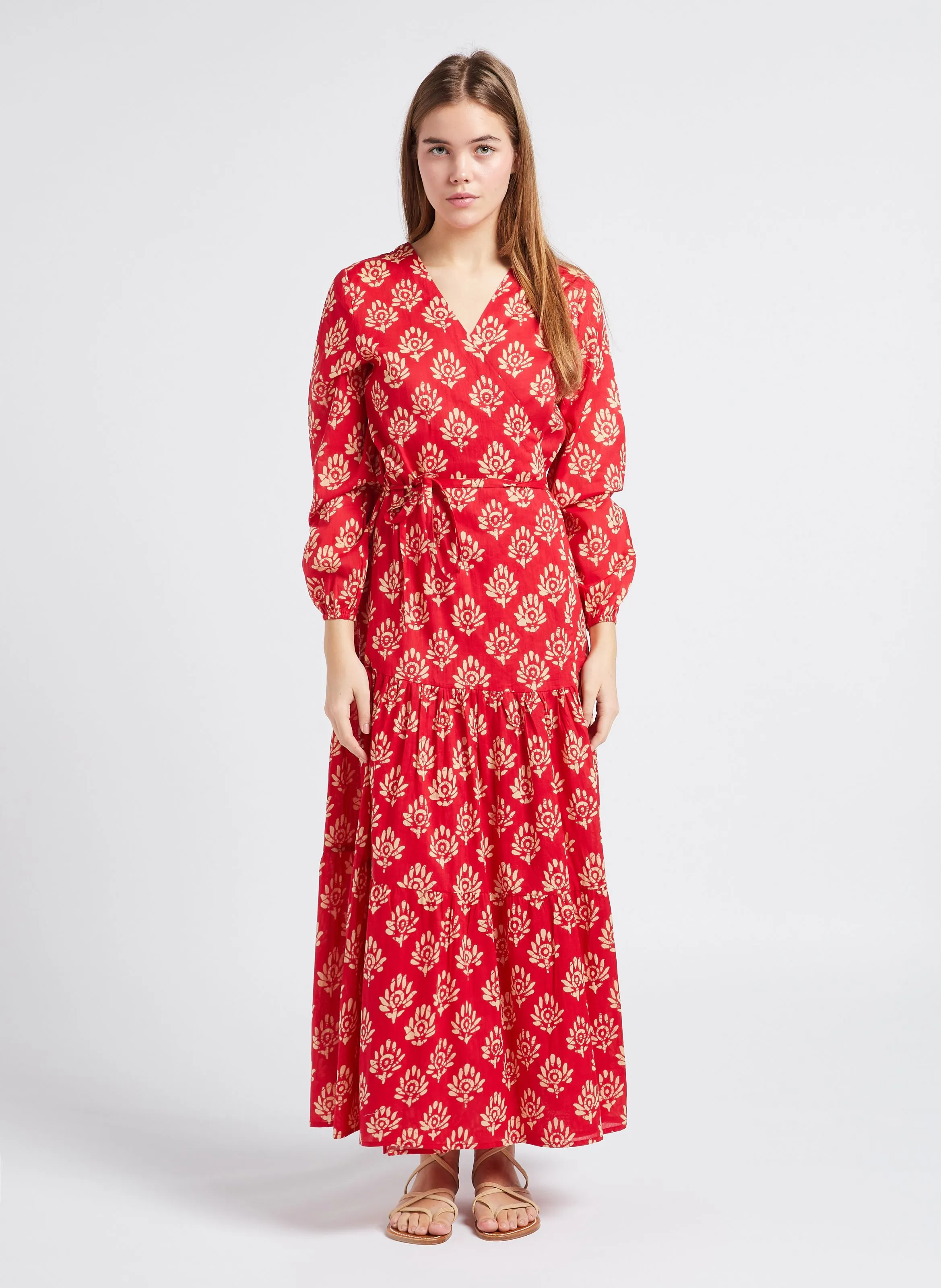 NUR - Vestido largo de algodón cruzado en rojo