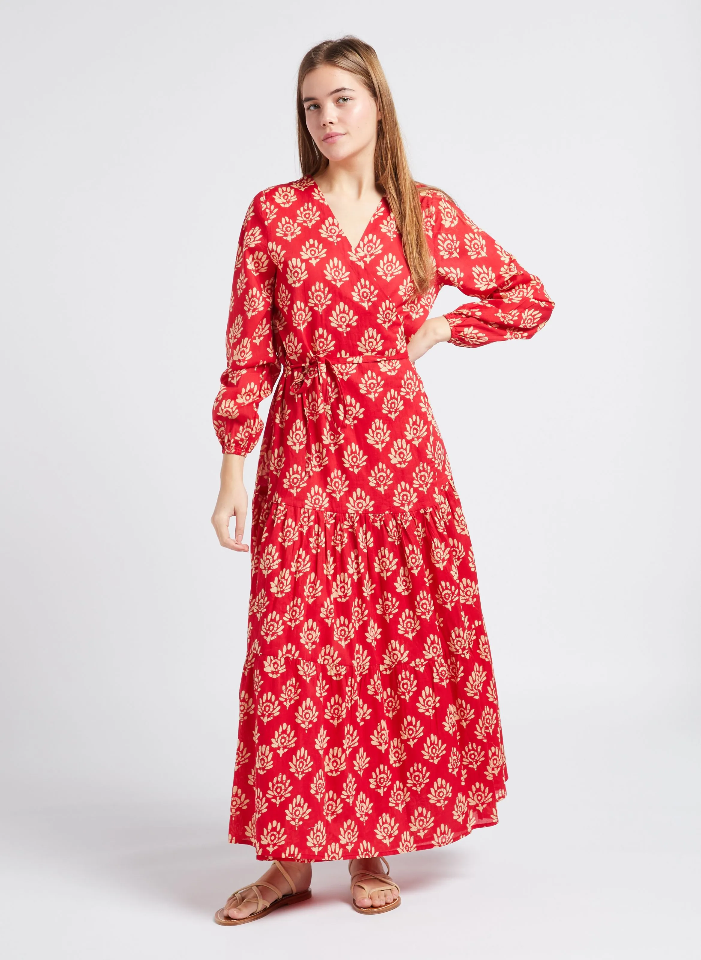 NUR - Vestido largo de algodón cruzado en rojo