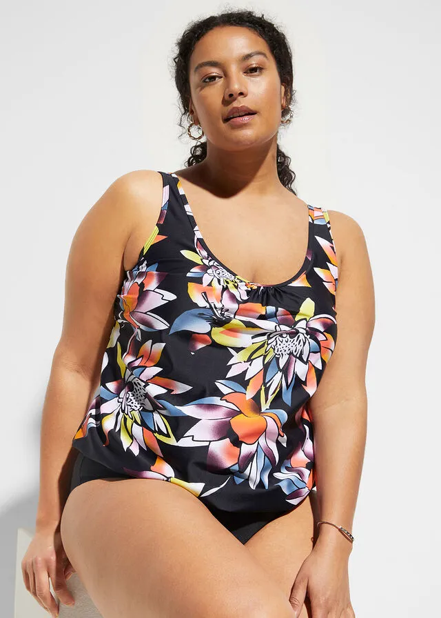 Parte superior del tankini Negro/multicolor estampado