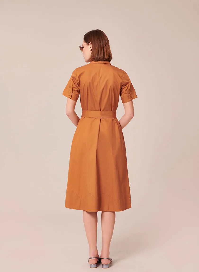 RETRONIE - Vestido camisero midi de algodón orgánico en marron