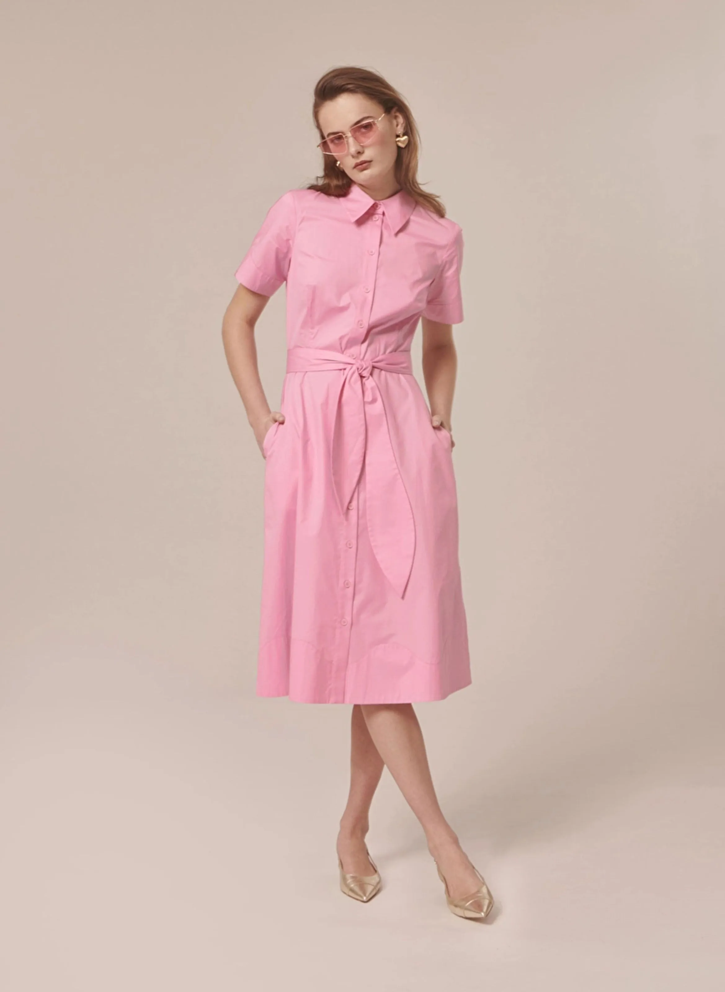 RETRONIE - Vestido camisero midi de algodón orgánico en rosa