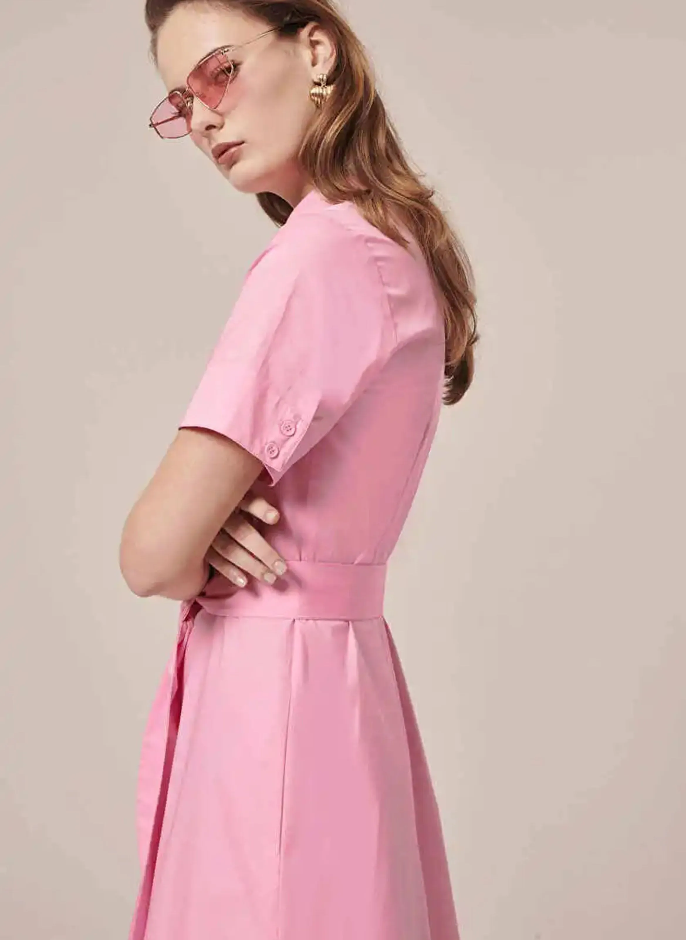 RETRONIE - Vestido camisero midi de algodón orgánico en rosa