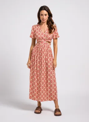 ROMIE - Vestido midi estampado con cuello en V de algodón en rojo