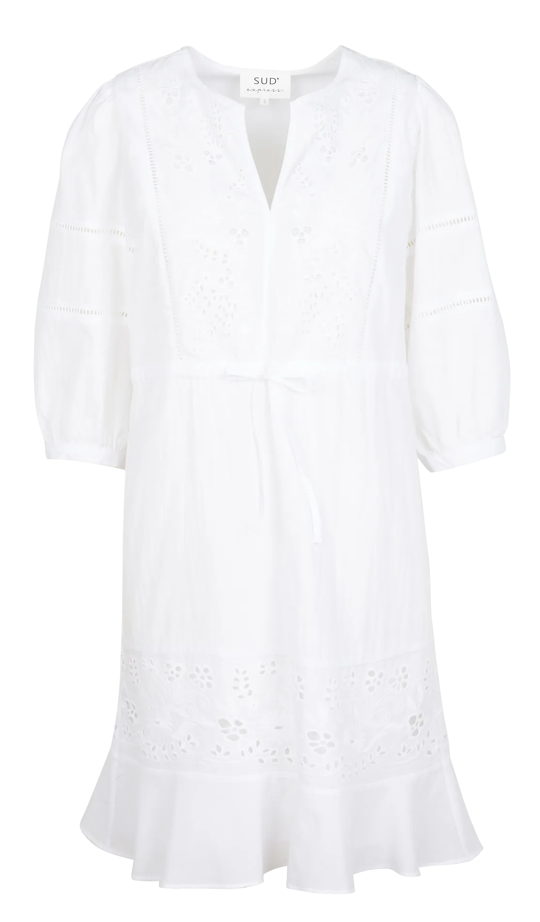 ROMILDA - Vestido recto con cuello tunecino de algodón bordado en blanco