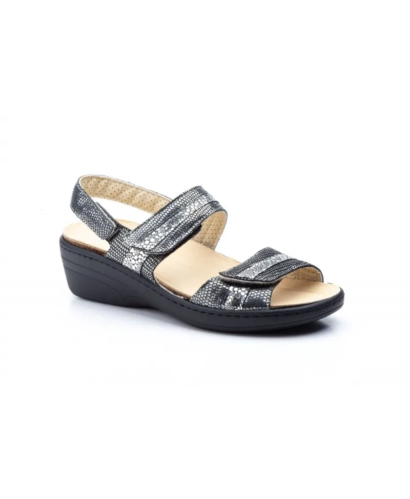 Sandalias Mujer Piel Negro Plantilla Extraible Ancho Especial