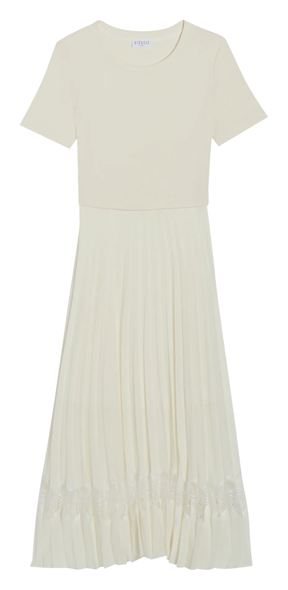 Vestido midi plisado bimateria de algodón con cuello redondo en blanco